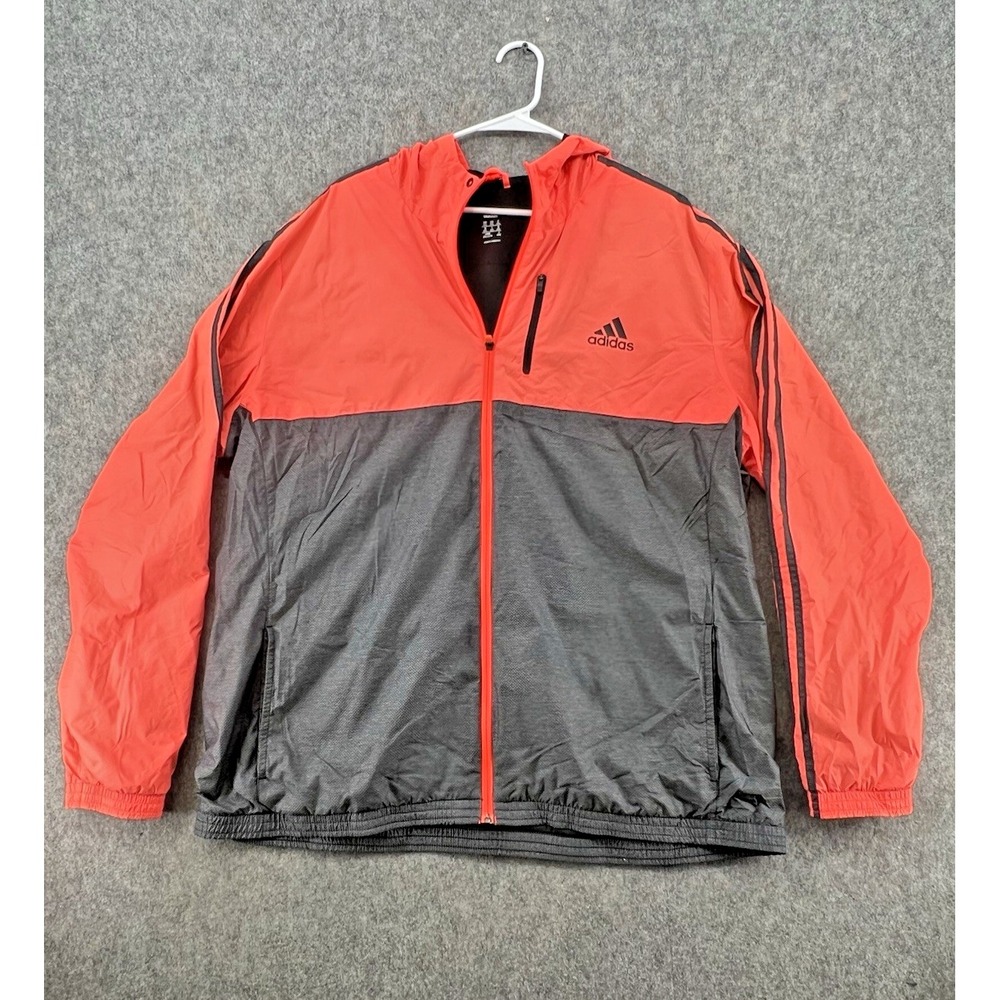 Adidas Mens Hooded Windbreaker Jacket Neon Coral Grey Full Zip Size 2XL